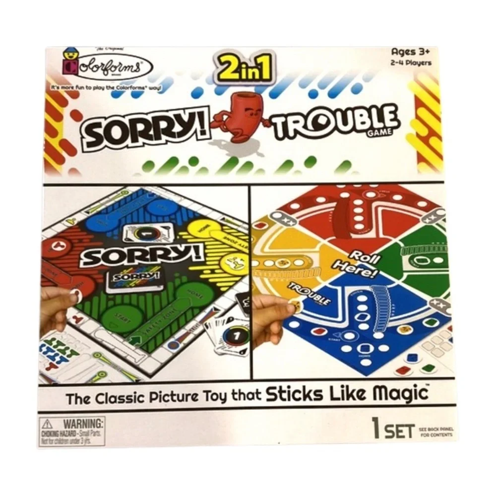 Hasbro 2-in-1 Sorry! and Trouble Game Colorforms 2-in-1 Travel Games Pieces -NEW